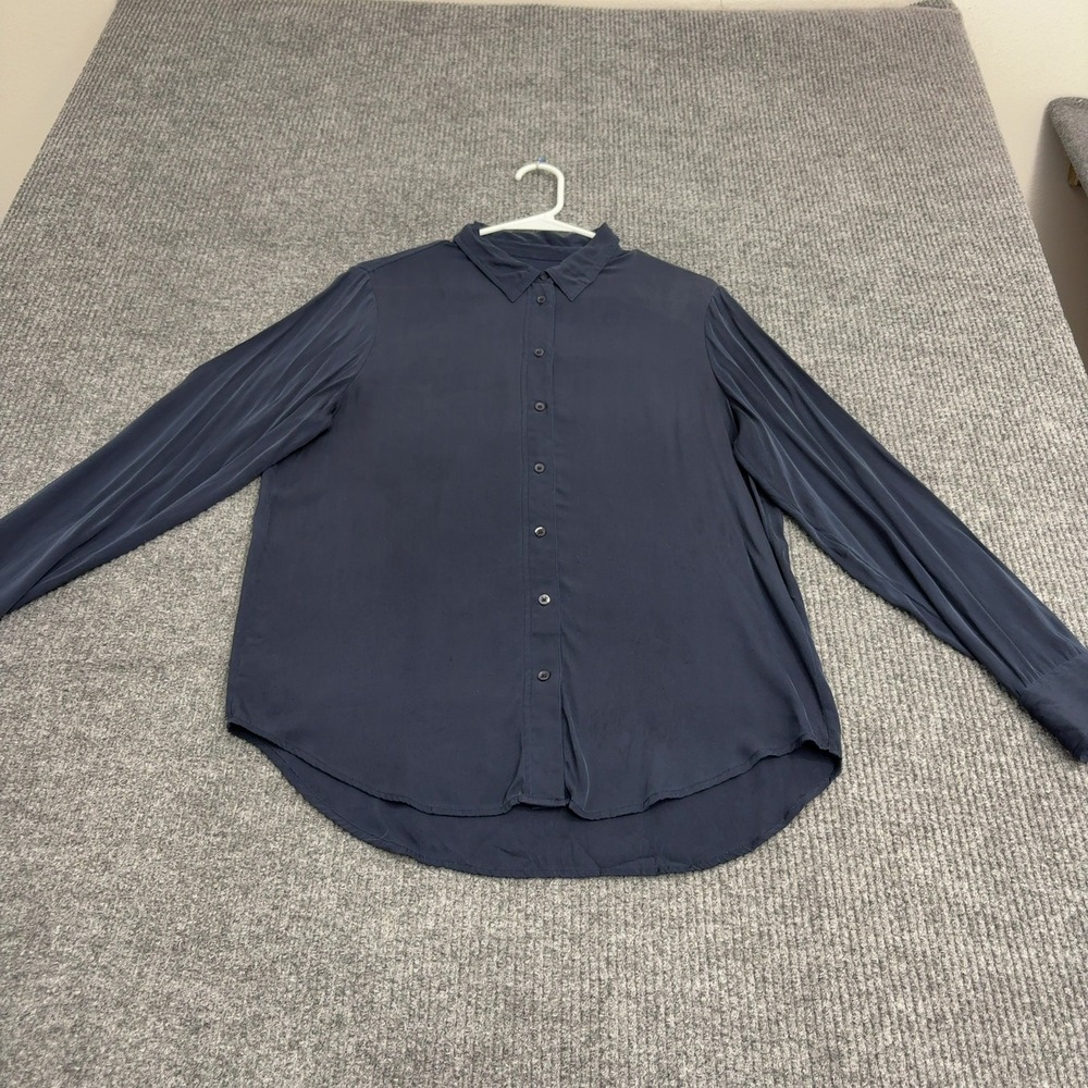 Quince Shirt Womens L Navy Blue Silk Spandex Long Sleeve Button Down Minimalist